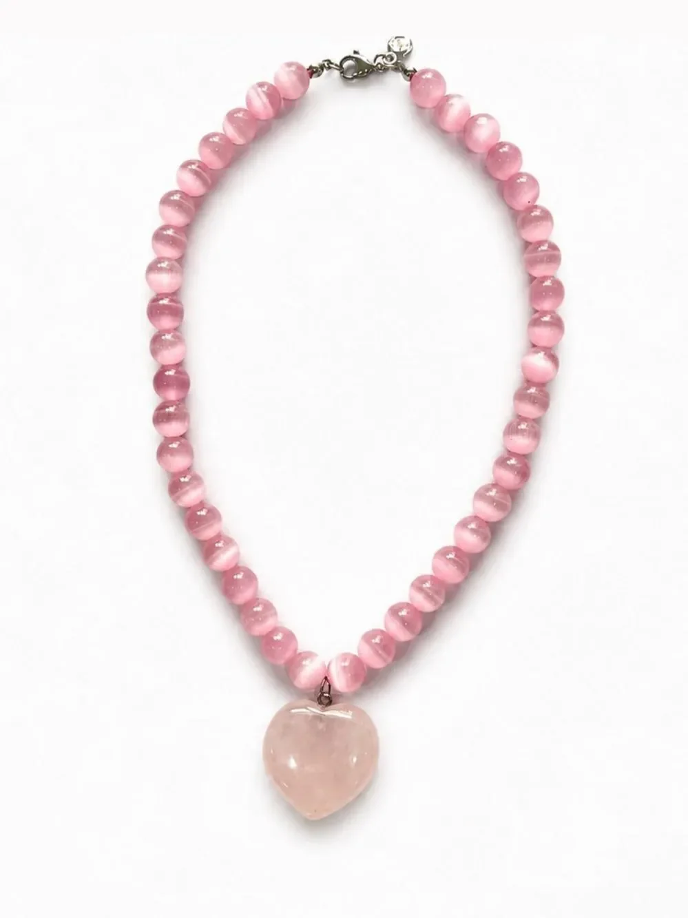 Rose Quartz Pink Beaded Necklace with Heart Pendant - powerful positive energy!